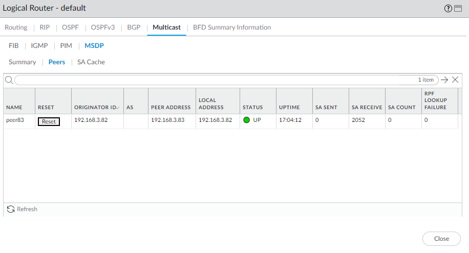 MSDP Runtime Stats - Peers tab.